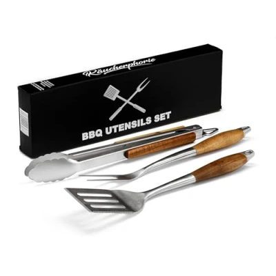 Abbildung von Räucherphorie Premium Grillbesteck Robustes 3 teiliges Grill Set aus rostfreiem Edelstahl Grillzange, Fleischgabel, Grillwender