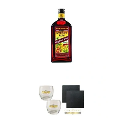 Abbildung von Myers&#039;s Original Dark Rum 4 Jahre Jamaika 0,7 Liter + Ron Cubaney Tumbler 2 Stück Schiefer Glasuntersetzer eckig ca. 9,5 cm Ø