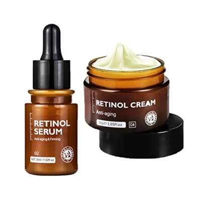 Abbildung von Retinol Anti Aging Gesichtscreme &amp; Essenz, 2 Stk Vibrant Glamour Creme, Feuchtigkeitscreme, Falten Essenz für das Gesicht, Reduziert trockene Linien und feine (Cream+Serum)