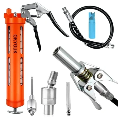 Abbildung von OKYOUK Fettpressen Set, robuste Fettpresse mit sichtbarem Pistolengriff, Schnellverschluss Kupplung (1,3 cm), flexibler Schlauch 360 Drehgelenk, Zerk Reinigungswerkzeug und 2