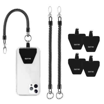 Abbildung von OUTXE Handy Umhängeband mit 4 Flicken, 2 x Halteband, Aufnäher Klebstoff, universelle dehnbare Lasso Gurte, um das Telefon sicher zu halten, kompatibel Smartphones, schwarz