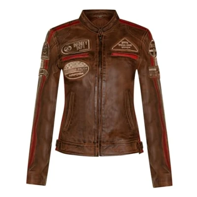 Abbildung von Infinity Leather Damen Bräune Leder Biker Casual Racing Moto Abzeichen Jacke