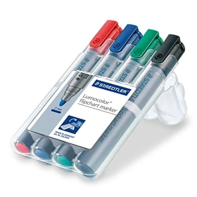 Abbildung von Staedtler 356 WP4 Flipchart Marker Lumocolor, nachfüllbar, aufstellbare Box mit 4 Farben, Rundspitze (3er Pack)