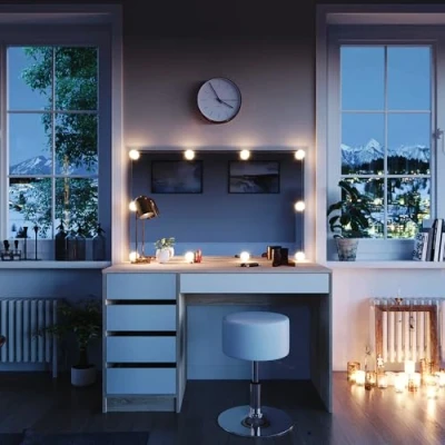 Abbildung von Vicco Schminktisch Sherry, Sonoma/Weiß, 120 cm mit LED Beleuchtung und Hocker
