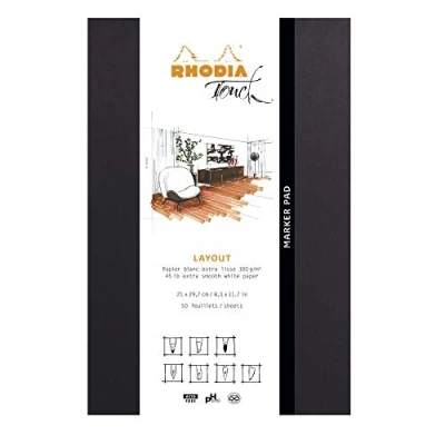Abbildung von Rhodia 116101C Notizblock Marker Pad kopfseitig verleimt, A4+ (21x29,7 cm), 50 Blatt mikroperforiert, blanko, Clairefontaine Papier Layout weiß extra glatt 100g, Schwarz, 1 Stück