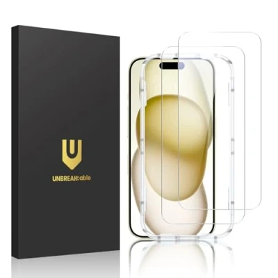 Abbildung von UNBREAKcable für iPhone 15 Panzer Schutz Glas [2er Pack], 9H Härte Schutzfolie, Einfache Installationshalterung Panzerfolie, Blasenfrei Apple 6,1&quot; Displayschutzfolie