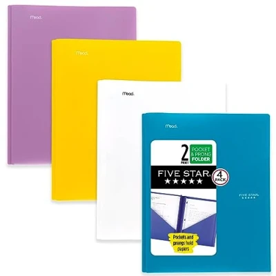 Abbildung von Five Star 2 Taschenmappen, 4 Stück, Kunststoff Ordner mit Zinkenverschlüssen, für 27,9 x 21,6 cm, Tidewater Blue, Weiß, Amethyst Lila, Erntegelb (38136)