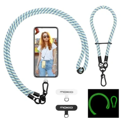 Abbildung von MoKo Handykette Universal, Verstellbar Schlüsselband mit Handschlaufe, Nachtleuchtend Handyband Handy Lanyard zum Umhängen, Umhänge x 1, Handschlaufe Patch 2, Blau &amp; Grün