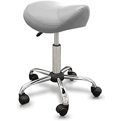 Abbildung von QUIRUMED Pony Hocker, ergonomisch, mit Stahlgestell, silberfarben, Kunstlederpolsterung, höhenverstellbar, gepolsterter Sitz, drehbare Räder, bis 150 kg, Silber