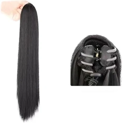Abbildung von QKEPCY Klaue Clip Pferdeschwanz Extension, Lang Glattes Haarteil Synthetik Haarverlängerung Zopf Haar Extension für Damen Mädchen (Braun Schwarz)