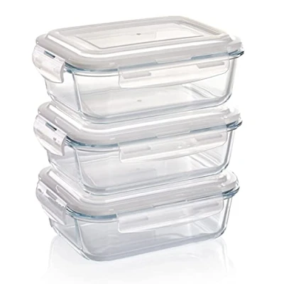 Abbildung von Grizzly Glas Frischhaltedosen, Set 3x 1040 ml, luftdicht, rechteckig, Click Verschluss, vielseitige Vorratsdosen für Ofen, Mikrowelle, Gefrierfach