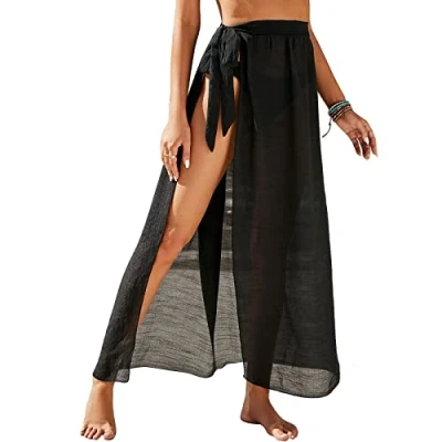 Abbildung von Damen Sarong Pareo für Strandurlaub, Lange Strandkleid Sommer Bikini Cover Up Chiffon Badeanzug Wickelrock Strand Rock Frauen Mädchen Side Strappy Strandrock Wear (Schwarz)