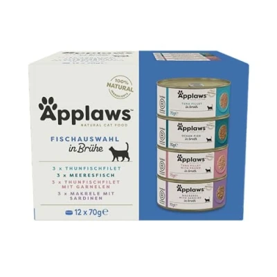 Abbildung von Applaws 100% natürliches Premium Nassfutter für ausgewachsene Katzen, Fisch Multipack Auswahl in Brühe Packung mit 12 x 70g Dosen