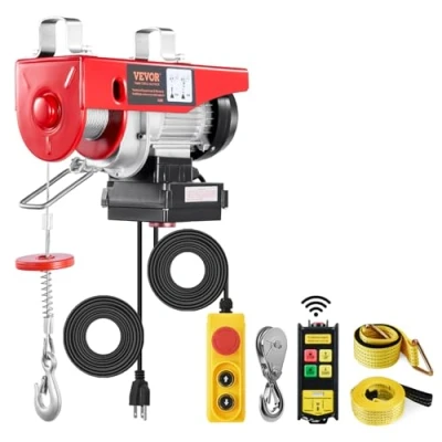 Abbildung von VEVOR Elektrische Seilwinde, 200 kg, Motorwinde mit 100 m kabelloser und 4,2 kabelgebundener Fernbedienung, 12 Hubhöhe Einzelkabel, Einzel /Doppelschlingen, Hebezeug für Garage, Lager, Fabrik
