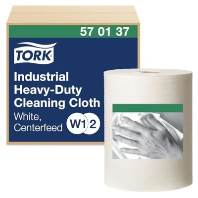 Abbildung von Tork 570137 Extra Starke Industrie Reinigungstücher für W1 Bodenständer/Wandhalter , W2 Innenabrollung Maxi und W3 System / 1 lagige Rolle in Weiß Premium Qualität x 60,8 m