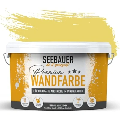 Abbildung von SEEBAUER diy Wandfarbe Gelb 5L für Innen (No. 451 Sun Flower) Edelmatte sonnengelbe Innenfarbe Gelbtöne sehr hohe Deckkraft Matt, Abwaschbar und Tropffrei