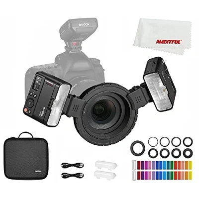 Abbildung von Godox MF12 K2 12W Makro Blitz,2,4G Wireless Control,TTL/M Modus,Eingebauter 3,7V/6,29W Lithium Akku als externer TTL Blitz,Kompatibel mit Nikon, Sony, Canon, Fuji, Olympus und Panasonic