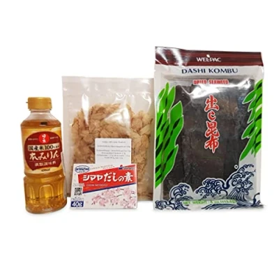 Abbildung von Hon Mirin, Dashi Kombu Dried Kelp Braunalgen, Katsuobushi 100% Bonito Flocken, Zutaten, Grundzutaten, no Moto Shimaya, Dashino Würzpulver für Rezeptvorschlag, Rezept