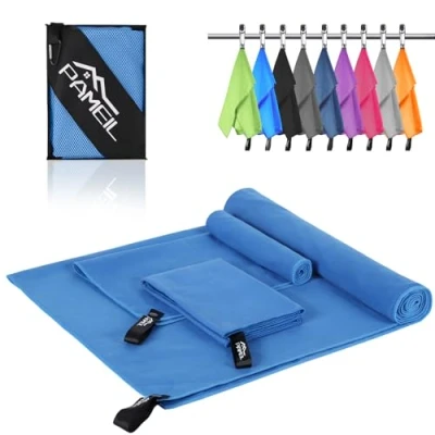 Abbildung von Pameil Mikrofaser Handtuch 3er Set 160x80cm Groß Badetuch +2 Stück 80x40cm Klein Microfaser Handtücher für Backpacker, Reisehandtuch Schnelltrocknend Perfekte Fitness (Blau)
