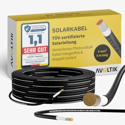 Abbildung von Avoltik Solarkabel 6mm2 in 5 m I TÜV zertifizierte Solarleitung für Photovoltaik robustes Solar Verlängerungskabel H1Z2Z2 K wetterfestes Kabel halogenfrei &amp; doppelt isoliert schwarz
