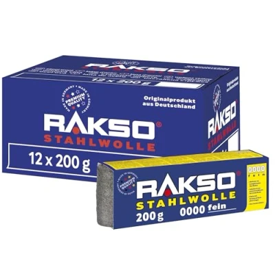 Abbildung von RAKSO Stahlwolle extrafein 0000 2,4 kg, 12 Banderolen à 200g, poliert gewachstes Holz, Kupfer, Messing, mattiert Oberflächen, säubert Glas