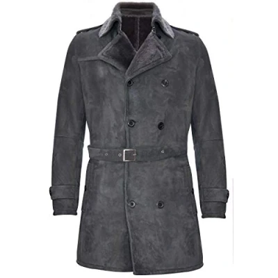 Abbildung von Infinity Leather Herren German Military Grau Zweireiher Echtes Schaffell Wildleder Erbsenmantel 2XL