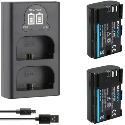 Abbildung von Blumax 2 x Akku kompatibel mit Canon LP E6N / E6 2040mAh + Dual Ladegerät EOS R RA R5 R6, 7D Mark II 5D IV III 5DS 6D 60D 70D 80D 90D
