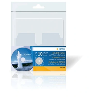 Abbildung von HERMA 7688 CD DVD Hüllen für Ordner zum Aufkleben, 10 Stück, 129 x 130 mm, Sichthüllen mit vollflächig selbstklebender Rückseite und Sicherheitslasche, transparent