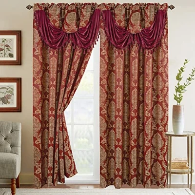 Abbildung von Elegant Comfort Jacquard Look Vorhang Set mit angenähtem Wasserfall Volant, (2 Stück), 137 x 213 cm, Burgunderrot/Gold