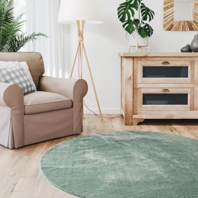 Abbildung von Interiyou Hochflorteppich Fargo 160x160 cm Rund Grün Flauschiger Fellteppich aus Kunstfell waschbar und rutschfest weicher Langflor Fell