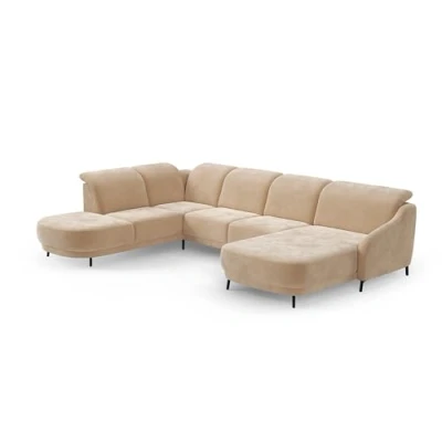 Abbildung von CAVADORE Wohnlandschaft Blue, Sofalandschaft mit Longchair im modernen Design, inkl. kopfteilverstellung, Vorziehsitz motorisch, Klapptisch, mattschwarzen Metallfüßen, Mikrofaser, Hellbraun