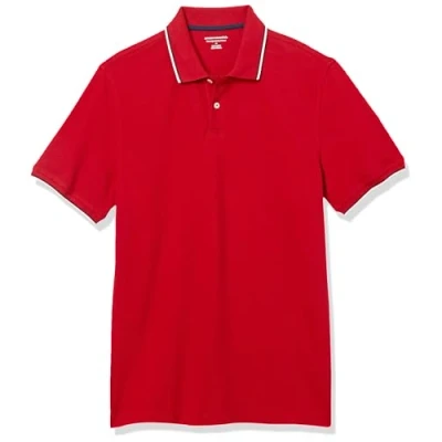 Abbildung von Amazon Essentials Herren Piqué Poloshirt aus Baumwolle, Schmale Passform, Rot Thin Stripe, M