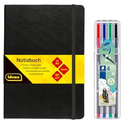 Abbildung von Idena 90328 Notizbuch DIN A5 mit 192 Seiten, blanko, inkl. 4 STAEDTLER Triplus Fineliner superfeiner, metallgefasster Spitze, 0.3 mm