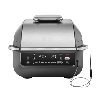 Abbildung von Ninja 5 in 1 Grill &amp; Heißluftfritteuse für den Innenraum, Kochfunktionen, bis zu 4 Burger, 5,7 l Fassungsvermögen, raucharm, enthält digitales Bratthermometer, Schwarz/Silber, EG351EU