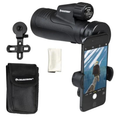 Abbildung von Celestron 72370 Outland X 10x50 wasserdichtes Monokular mit Smartphone Adapter, Bluetooth Fernbedienung, Linsenkappen, Gürteltasche robustes Gehäuse, BaK 4 Prismalinse, vergütete Linsen, schwarz