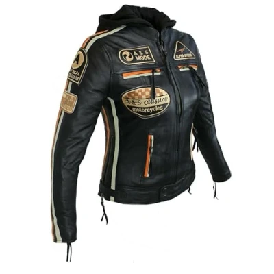 Abbildung von Alpha Speeds Motorradjacke Damen Leder Jacke Biker Freizeit Highway Orange &amp; Beige aus weichem Lammleder, mit Protektoren Kapuze