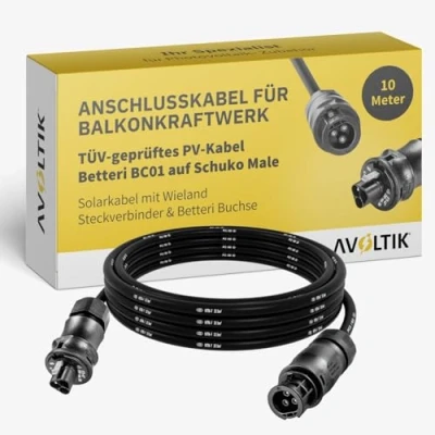 Abbildung von Avoltik Anschlusskabel für Balkonkraftwerk I 10 m Solarkabel mit Wieland Steckverbinder &amp; Betteri Buchse TÜV geprüftes Photovoltaik Kabel BC01 auf Schuko Male Wechselrichter