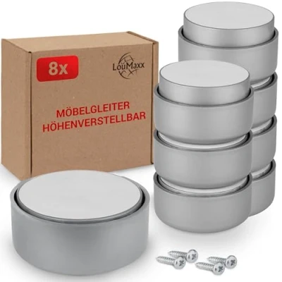 Abbildung von LouMaxx Möbelfüße höhenverstellbar Füße für Möbel Ø 53,5 mm aus Kunststoff Hochwertige Möbelerhöhung zum Kleben oder Schrauben 8er Set Gleitfüße in Grau inkl. Montagematerial
