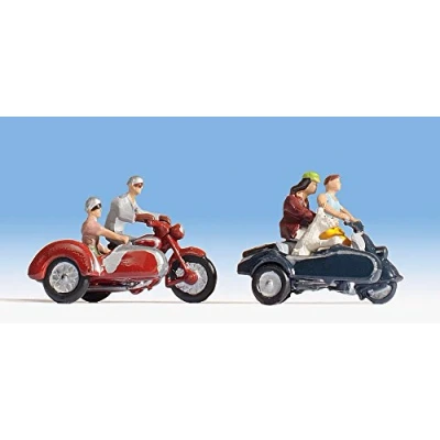 Abbildung von NOCH H0 Figuren Motorradfahrer, handkolorierte Miniaturfiguren für Modellbahn H0, Set aus 4 und 2 Motorrädern mit Beiwagen