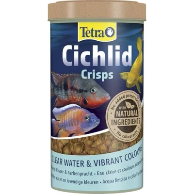Abbildung von Tetra Cichlid Crisps Fischfutter für Cichliden mit natürlichen Farbverstärkern, minimale Wasserbelastung, geeignet Futterautomaten, 500 ml Dose