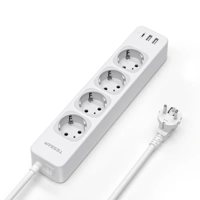 Abbildung von TESSAN 4 Fach Mehrfachsteckdose mit USB C und 2 A, 7 in 1 Steckdosenleiste Verlängerungskabel 2M, Mehrfachstecker Schalter, 3600W Verteilersteckdose Steckerleiste, Grau