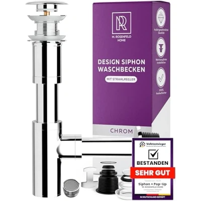 Abbildung von Design Siphon Waschbecken + Chrom Ablaufgarnitur POP UP Ventil mit Überlauf 1 Strahlregler M24 Wassersparer für Wasserhahn Aufsatz Geruchsverschluss inkl. Dichtungen Reinigungsöffnung