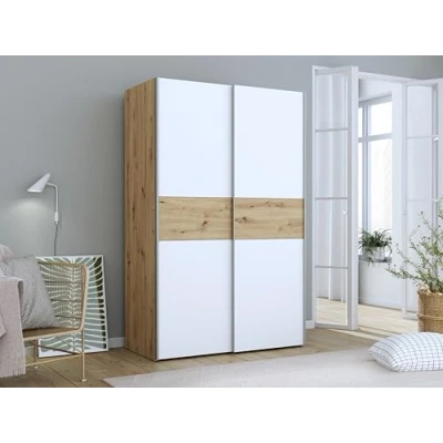 Abbildung von FORTE OZZULA Schrank 120, Kleiderschrank, Schwebetürenschrank, Schlafzimmerschrank Skandinavisch 2 türig Einlegeböden Kleiderstange, Weiß/Artisan Eiche, 120 cm breit x 190.5 hoch 61 tief