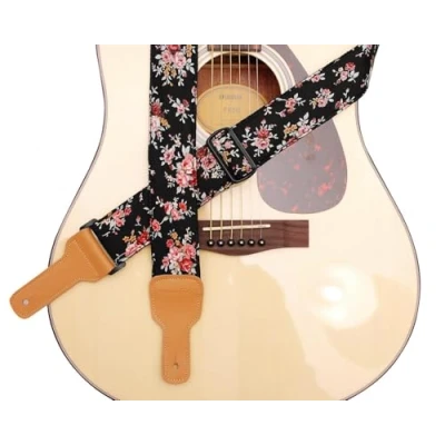 Abbildung von MUSIC FIRST Original Design &quot;Rosa Multiflora in Schwarz&quot; gepolsterte weiche Baumwolle &amp; echtes Leder Gitarrengurt Banjo Gurt