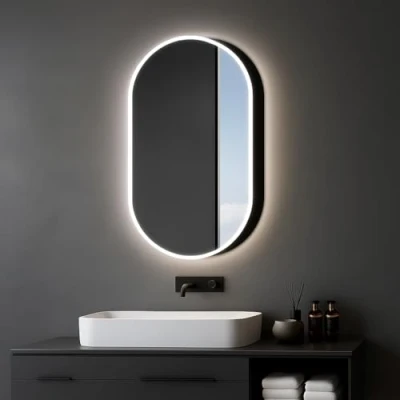 Abbildung von Marwell Badezimmerspiegelschrank &quot;Talos Oval Vento&quot;, austauschbare LED Beleuchtung, 45x80 cm schwarz