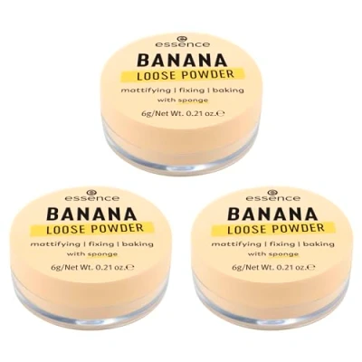 Abbildung von essence BANANA LOOSE POWDER, Gelb, mattierend, fixierend, farbkorrigierend, transluzent, matt, vegan, ölfrei, ohne Parfüm, Alkohol, 3er Pack (3x6g)
