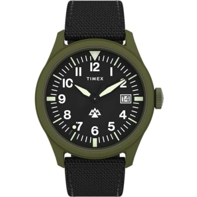Abbildung von Timex Herren Armbanduhr Expedition North, 43 mm, schwarzes, umweltfreundliches, zweiteiliges Armband mit Schnellverschluss, schwarzes Zifferblatt, grünes Gehäuse TW2W34400