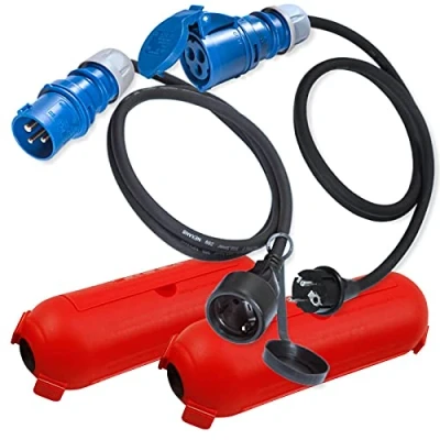 Abbildung von IntuiFlex CEE Adapter Schuko Stecker Kupplung 1,5m Schutzbox/Kabelbox Set Rot Camping Zubehör Boot Wohnmobil Wohnwagen Gummikabel H07RN F 3x2,5mm 230V 16A Strom Campingstecker