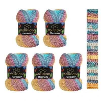 Abbildung von 5 x 100g Wollbiene Harmony Batik 500 Gramm mit Farbverlauf 30% Baumwolle mehrfarbig Multicolor Strickwolle Häkelwolle Wolle Ganzjahreswolle (8000 türkis beere orange)