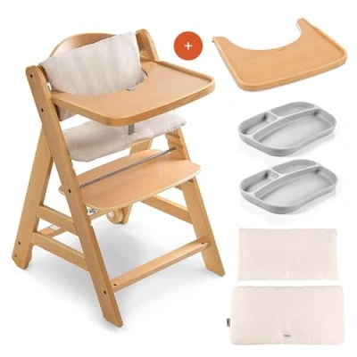 Abbildung von hauck Hochstuhl Set Alpha Plus Move inkl. Essbrett, Sitzkissen und 2x Babyteller Silikon mitwachsender Holz Babystuhl/Kinderhochstuhl mit Rollen, Gurt Tisch Natur Beige